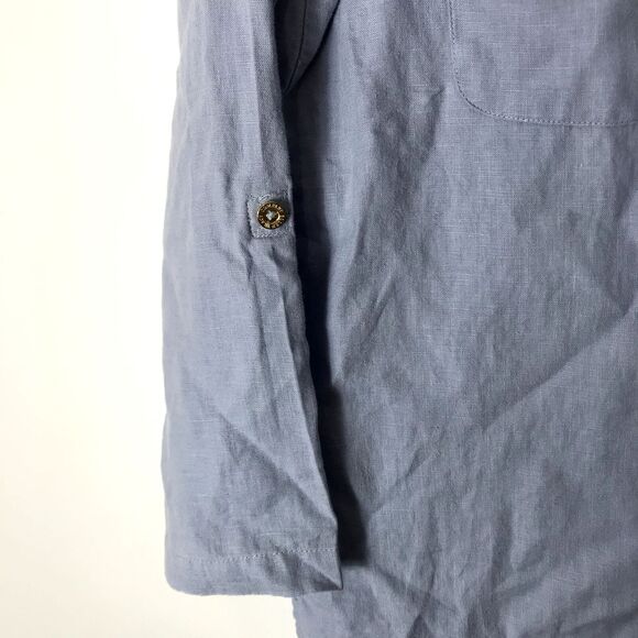 Ellen Tracy 100% Linen Tunic Top Blue‎ Size Small Hi Low Roll Tab Sleeve Pockets - Picture 5 of 7